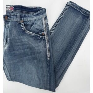 Monarchy Collection Mens Blue Embroidered Heavy Stitch Y2K Straight Jeans Sz 38